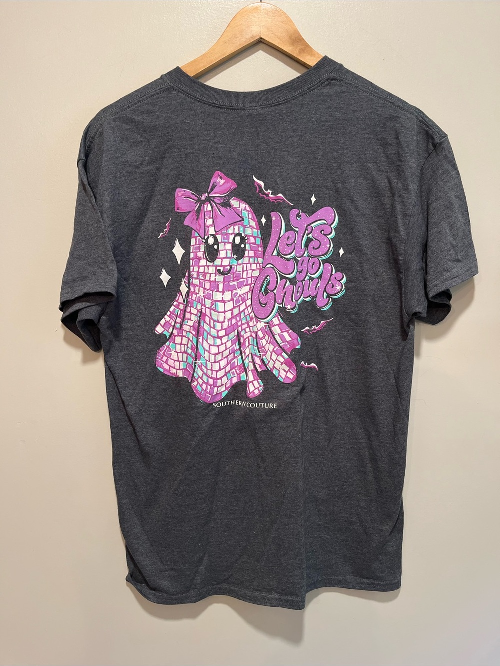 'Let's Go Ghoul' Pink Ghost Southern Couture Graphic Halloween Tee - Charcoal